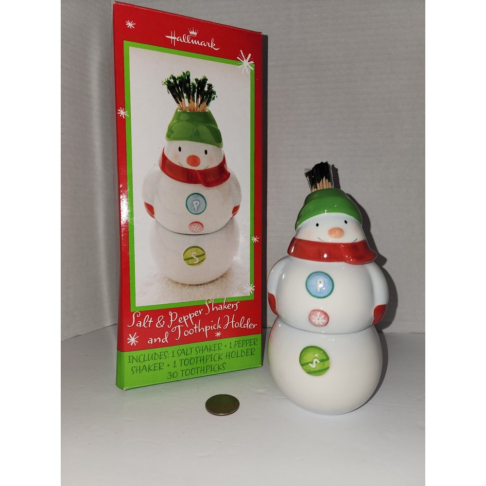 Hallmark Salt Pepper and Toothpick Holder Snowman Table Accent Christmas